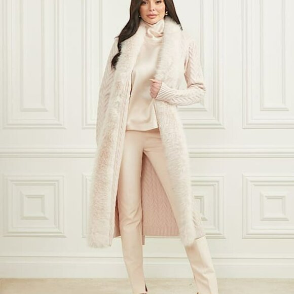 New Guess by Marciano Paula Faux Fur Trimmed Wrap Cardigan Coat With Chevron Kni - Picture 5 of 14